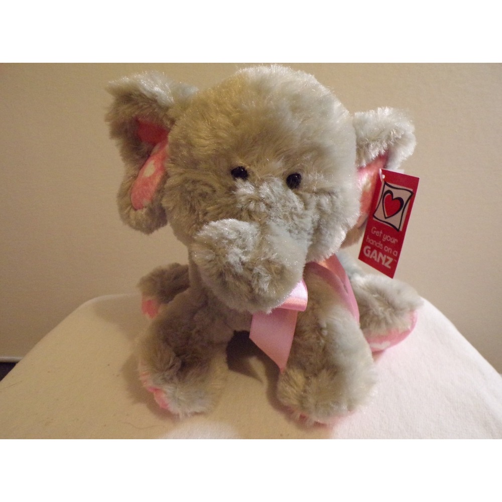 Ganz Elephant 10" Plush White Hearts Pink Ears Bow with tag
